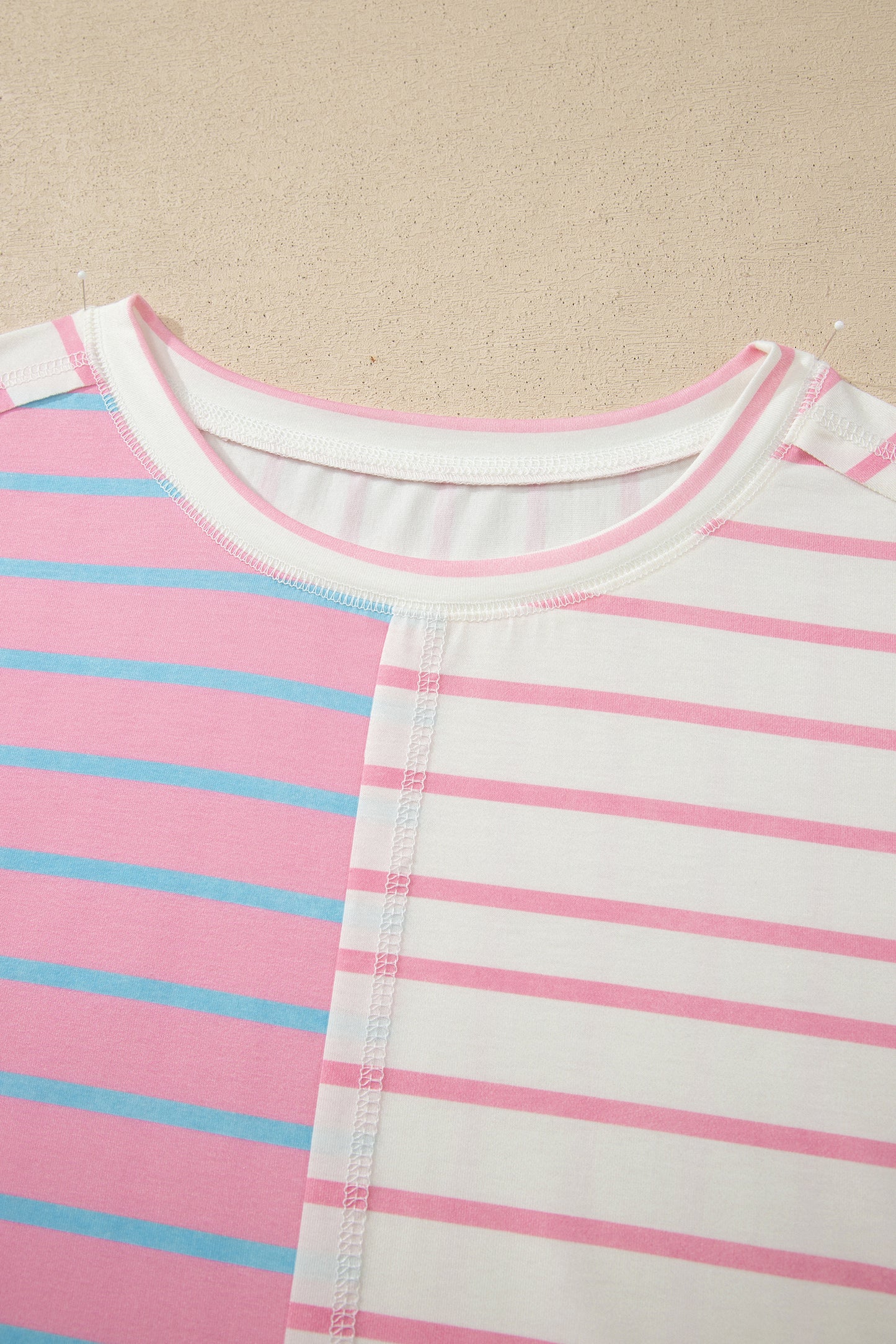 Green Stripe Colorblock 3/4 Sleeve Loose T Shirt