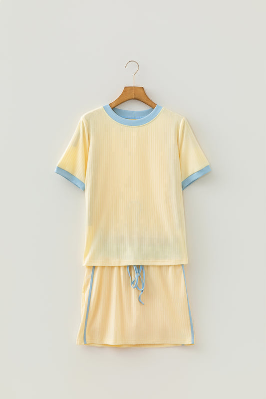 Yellow Ribbed Knit Color Block Trim Tee and Drawstring Skirt Set