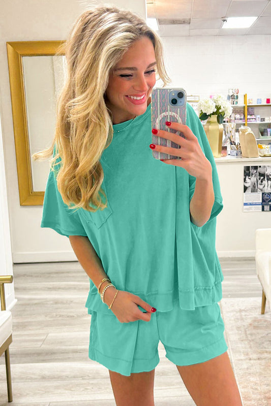 Mint Green Raw Edge Patch Pocket Oversized Top and Shorts Set