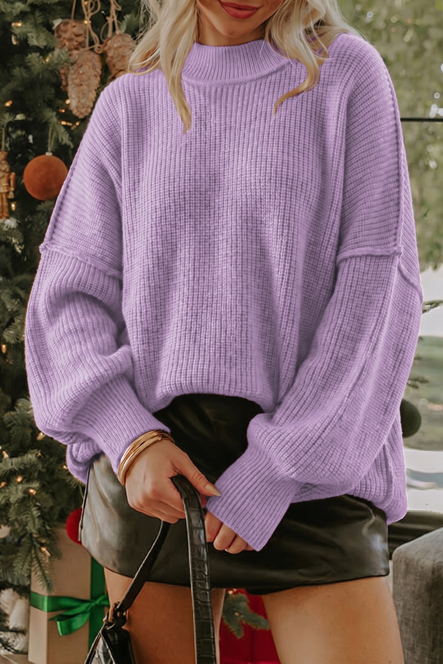 Orchid Bouquet Solid Color Mock Neck Oversized Tunic Sweater