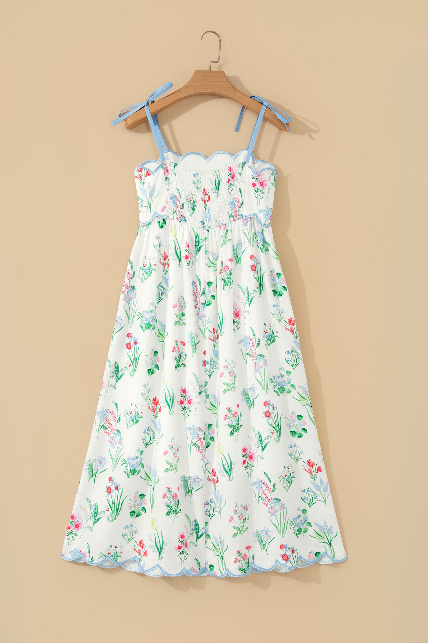 Yellow Floral Print Contrast Trim Self-tie Straps High Waist Midi Dress