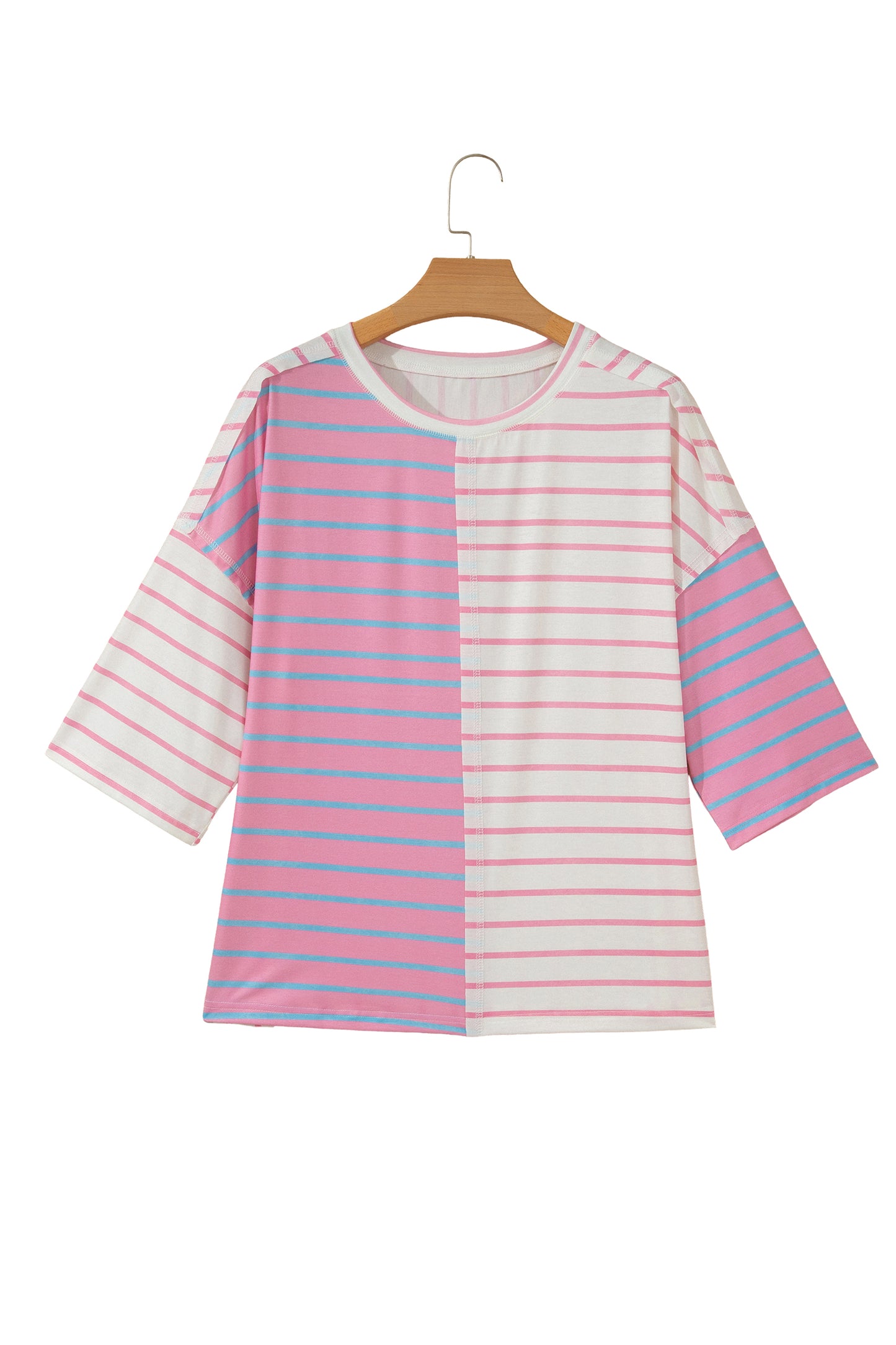 Green Stripe Colorblock 3/4 Sleeve Loose T Shirt