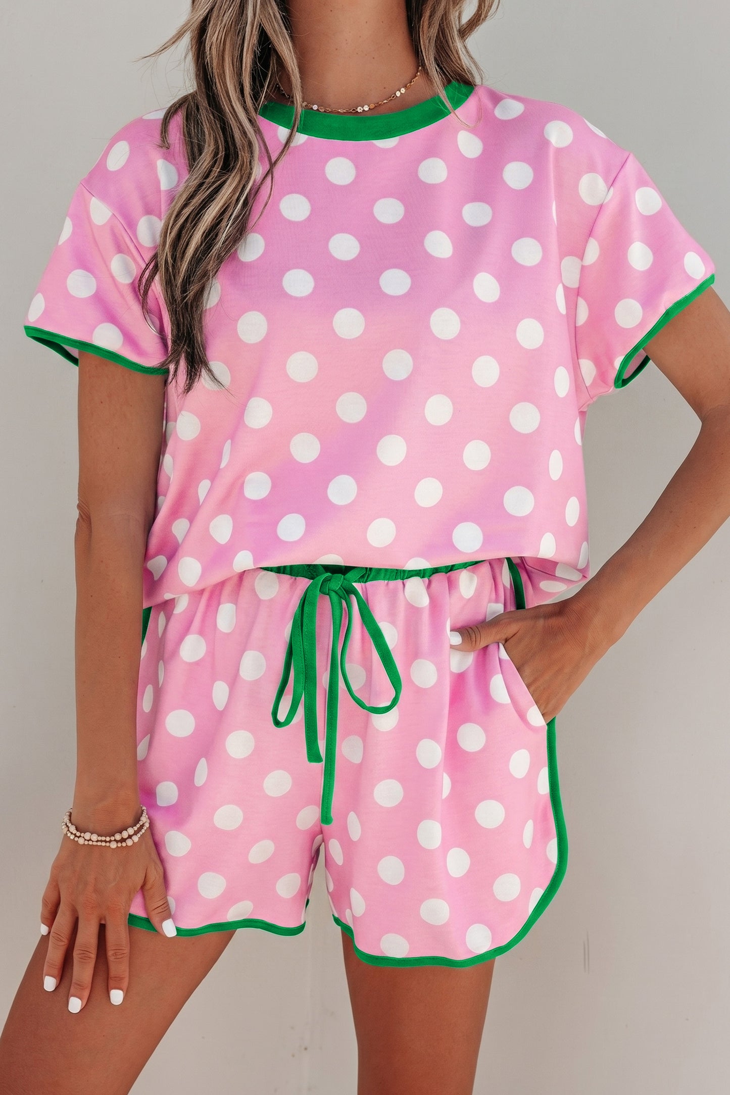 Sky Blue Polka Dot Contrast Edge Casual Short Set