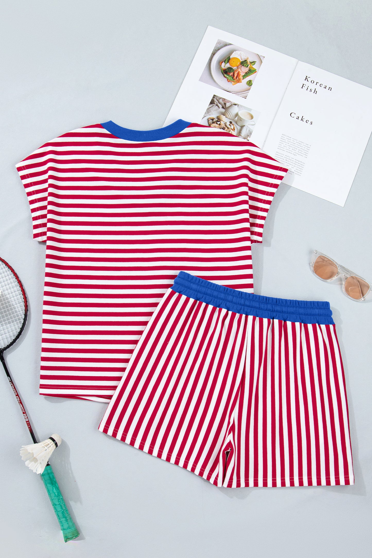 Green Stripe Colorblock Trim V Neck Tee Drawstring Elastic Waist Short Set