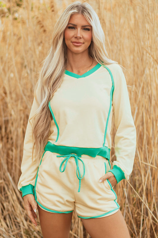 White Contrast Trim Colorblock Long Sleeve Pullover and Drawstring Shorts 2pcs Outfit