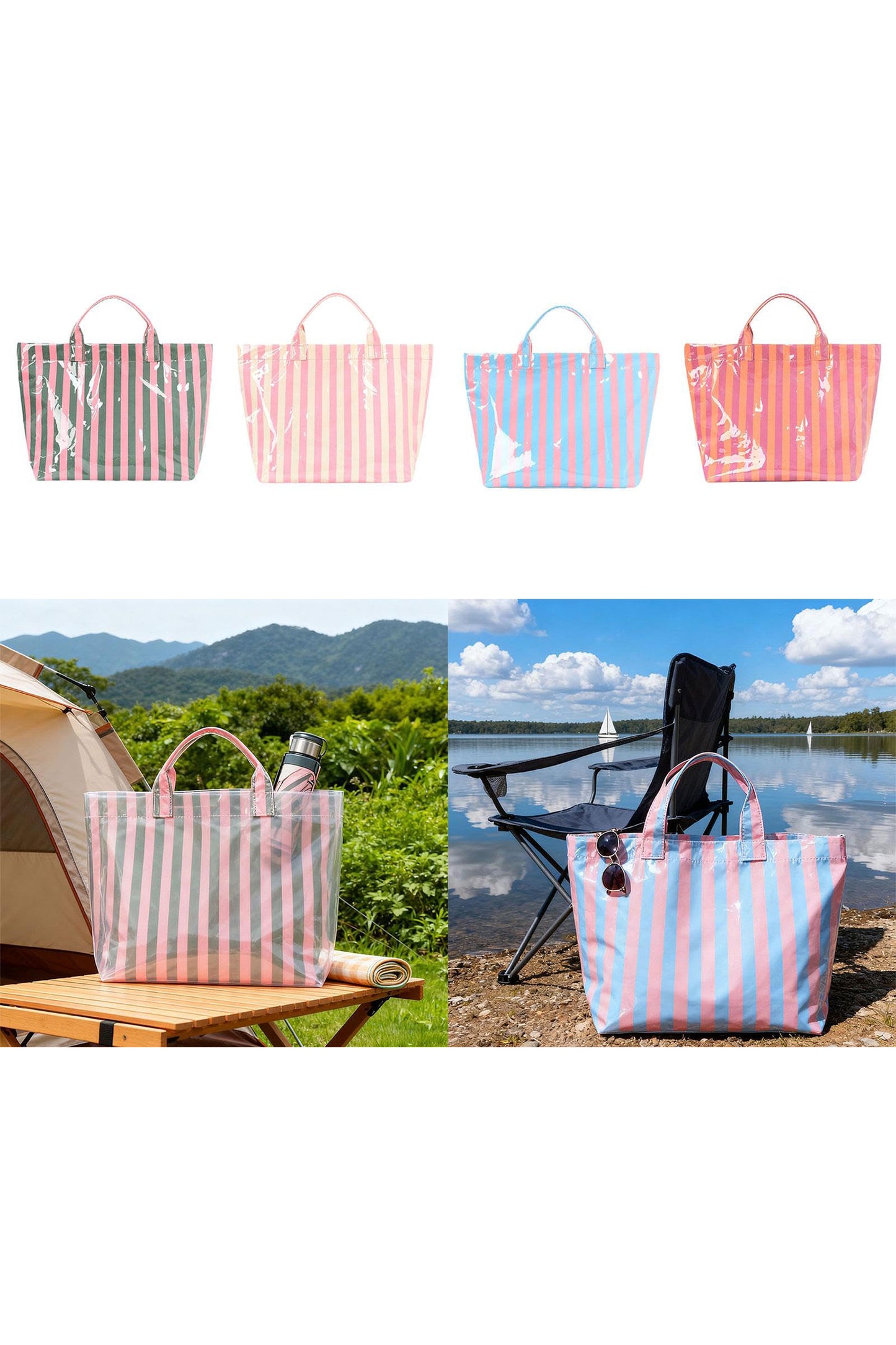 Rose Red Glossy Striped Vinyl Large Tote Bag