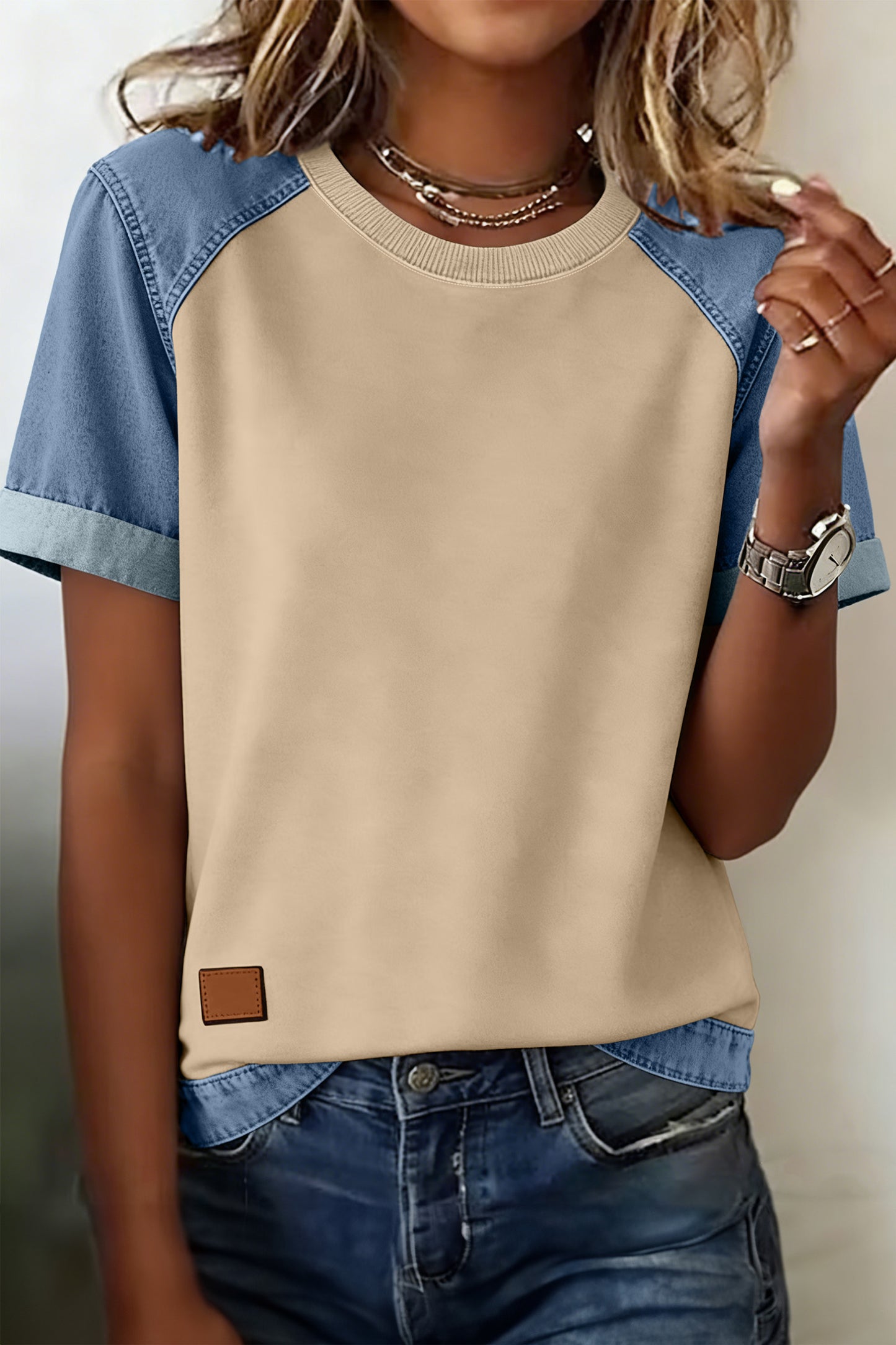 Parchment Denim Color Block Patchwork Round Neck Tee