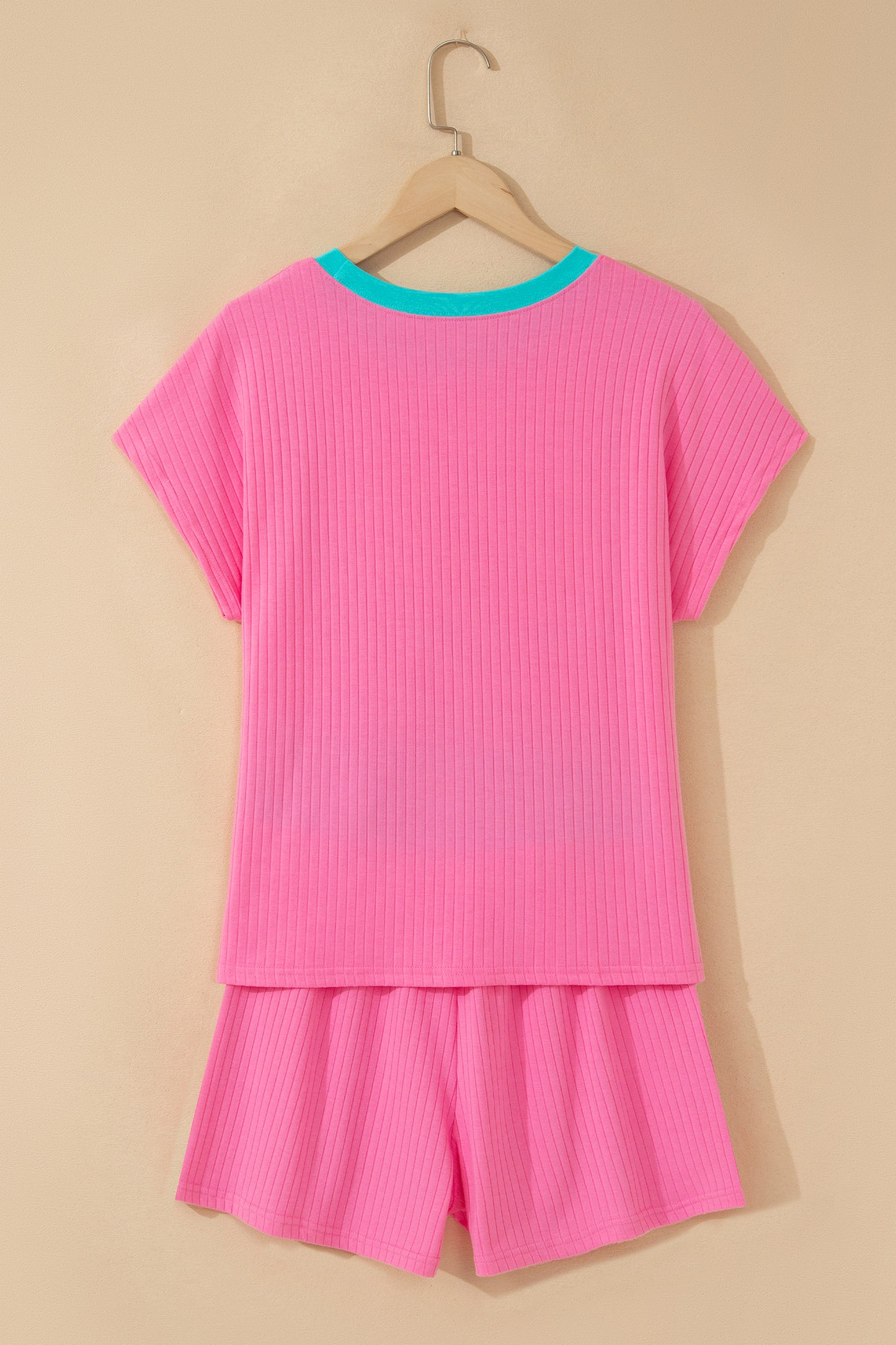 Clearly Aqua Soft Ribbed Color Block Trim Casual Short Set