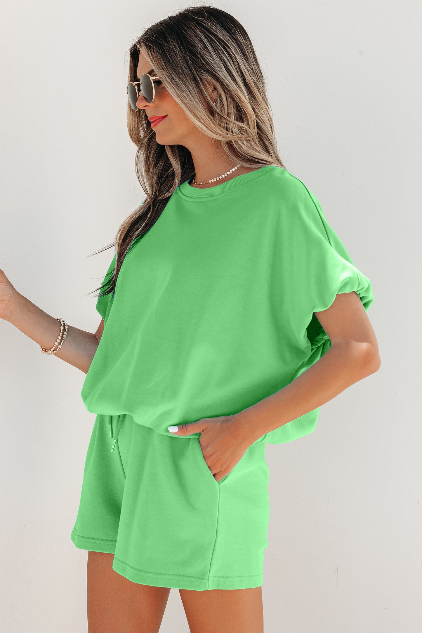 Green Solid Color Puffy Loose Top Drawstring Shorts 2pcs Outfit