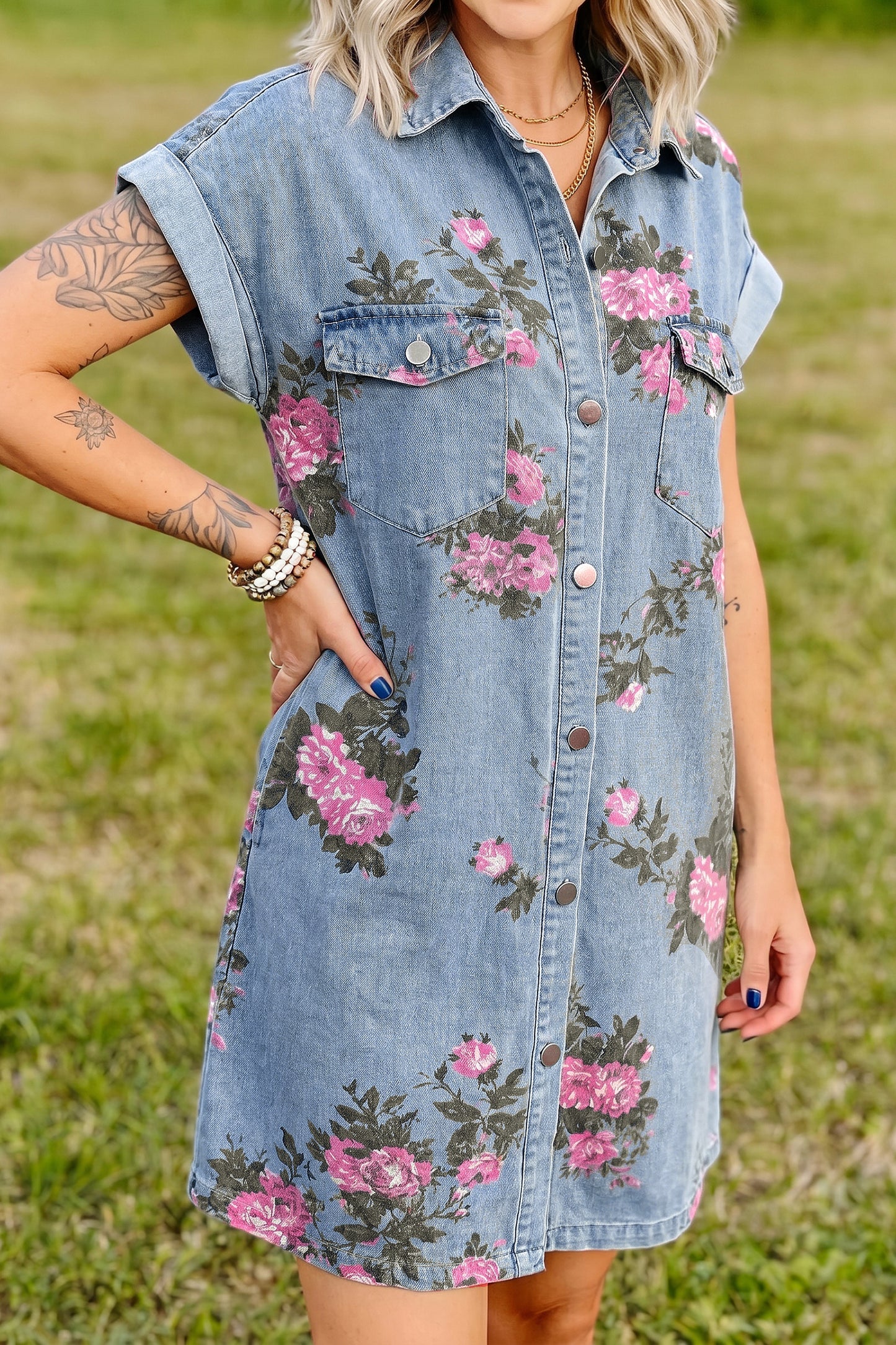 Sky Blue Denim Floral Print Cuffed Short Sleeve Button Down Shift Dress